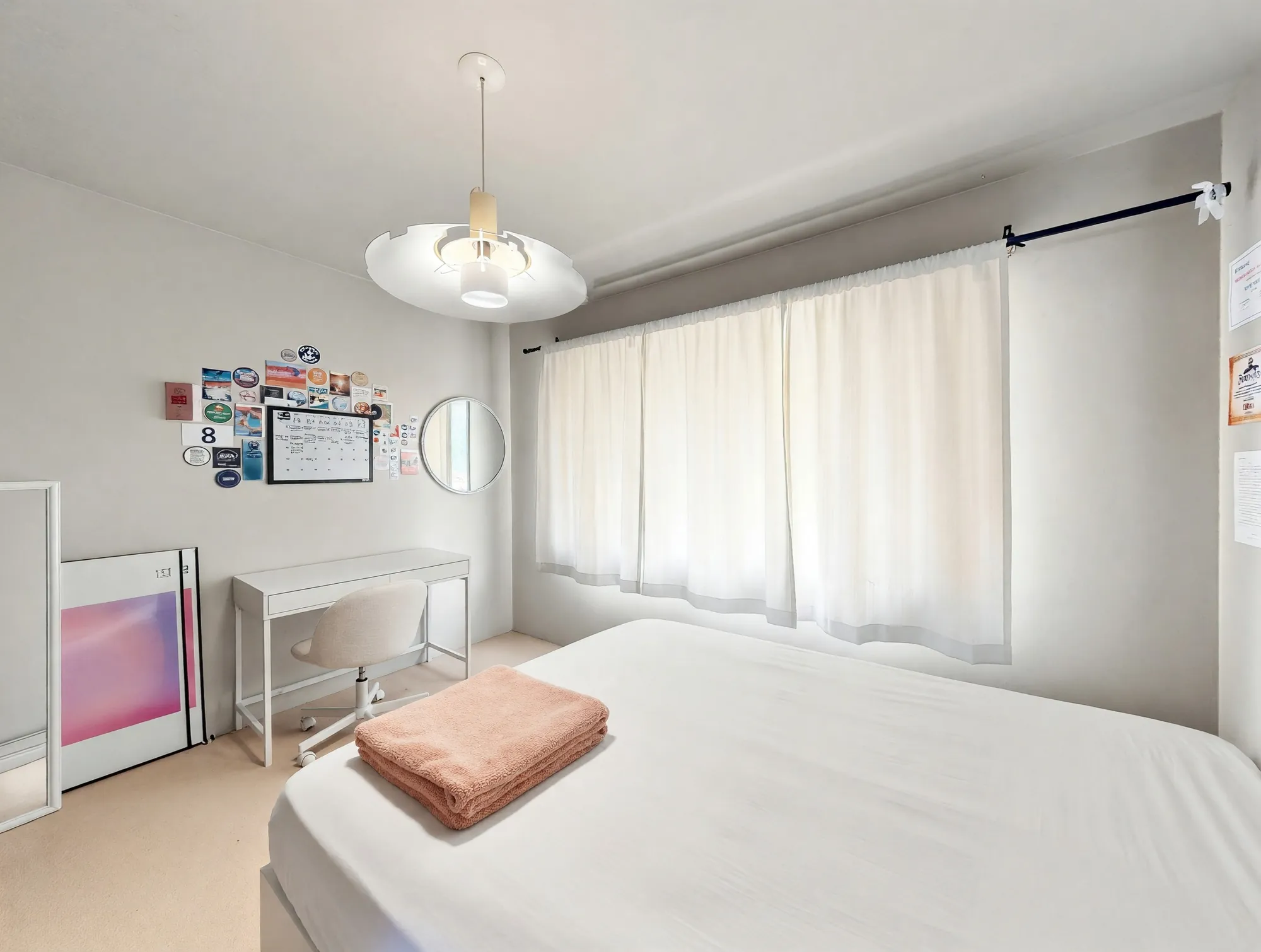 A bedroom with a desk under the window and a pendant light