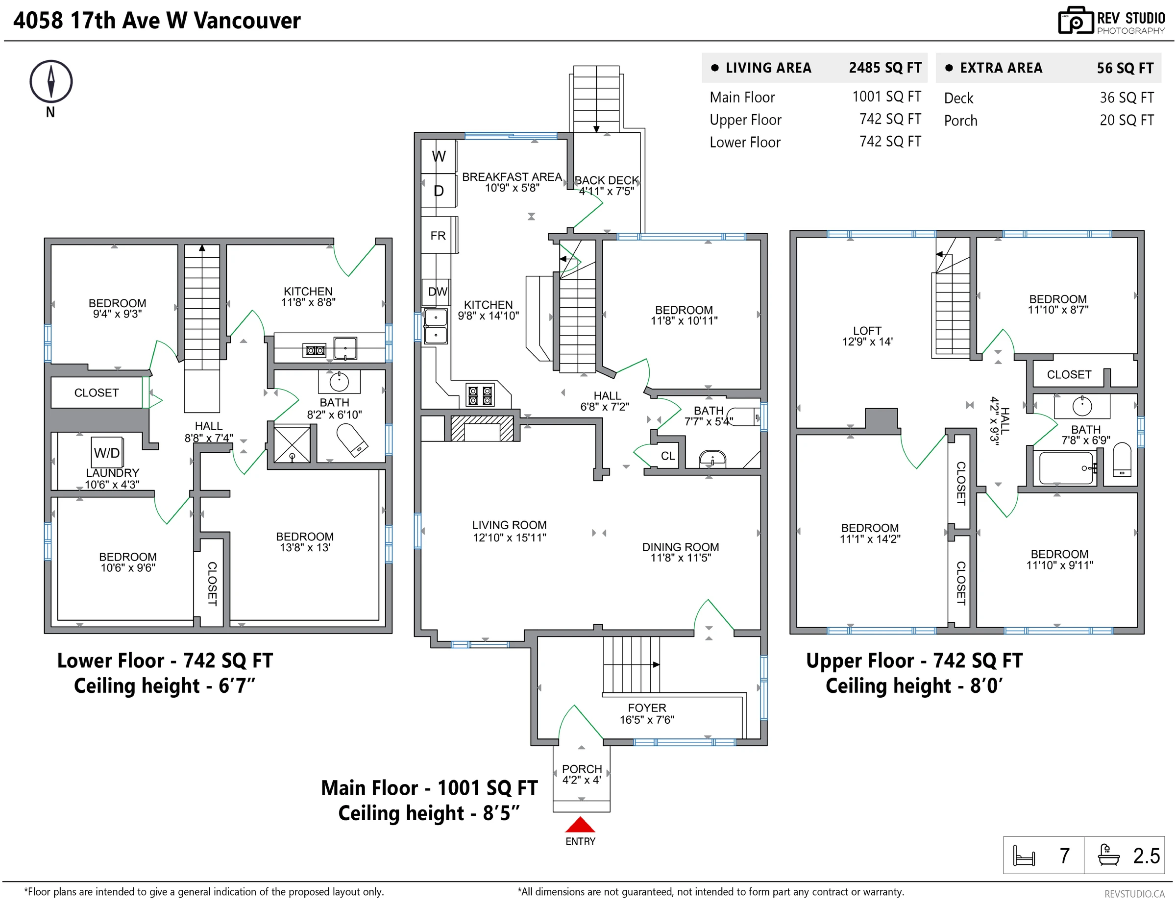 Floor plan of 4058 West 17th Avenue showing the main, upper and lower floors with room dimensions and ceiling heights